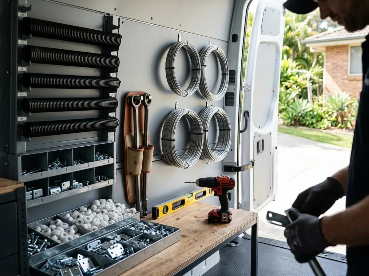 The organised interior of a garage door service vehicle with torsion springs, rollers, cables and winding bars
