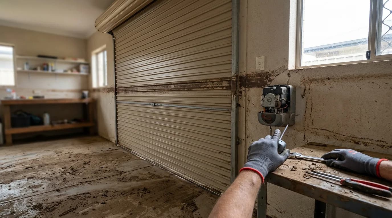 A silt waterline across the inside of a garage door and wall after floodwater has receded