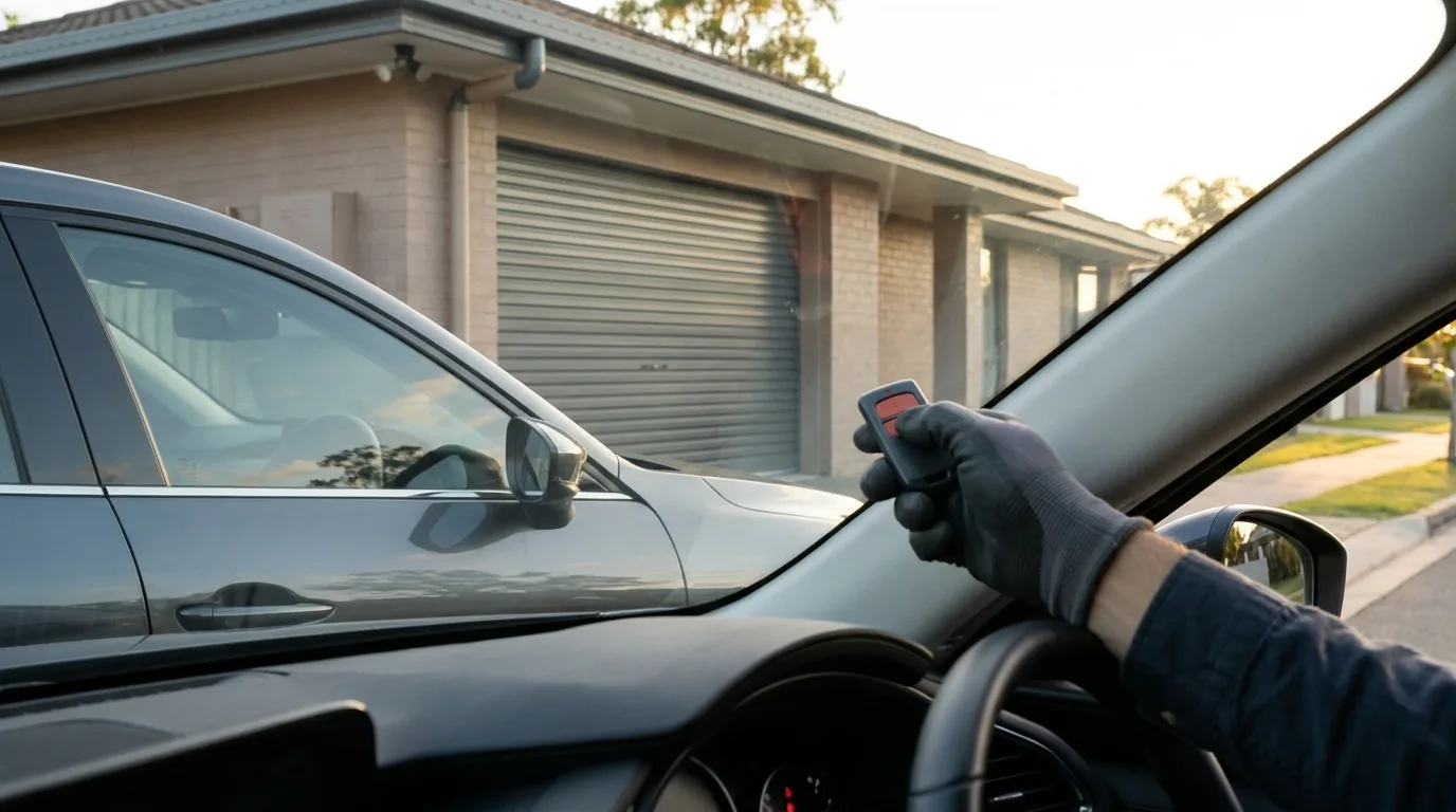 A garage door remote held up in a car at the kerb with a closed roller door in the background