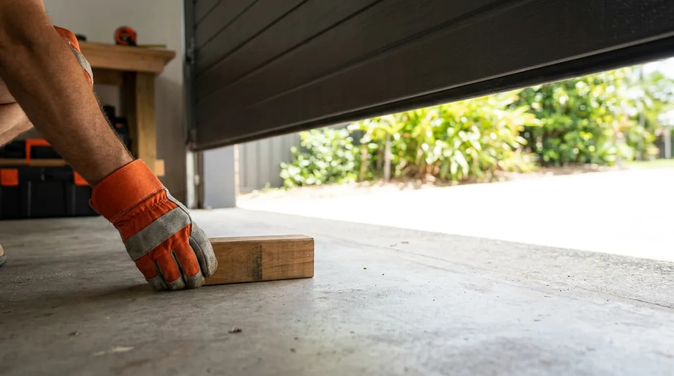 A timber offcut laid flat on a garage slab in the path of a closing sectional door