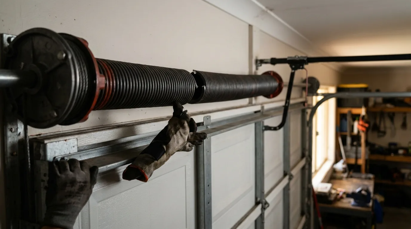 A torsion spring on the shaft above a closed sectional garage door showing a clear gap in the coil