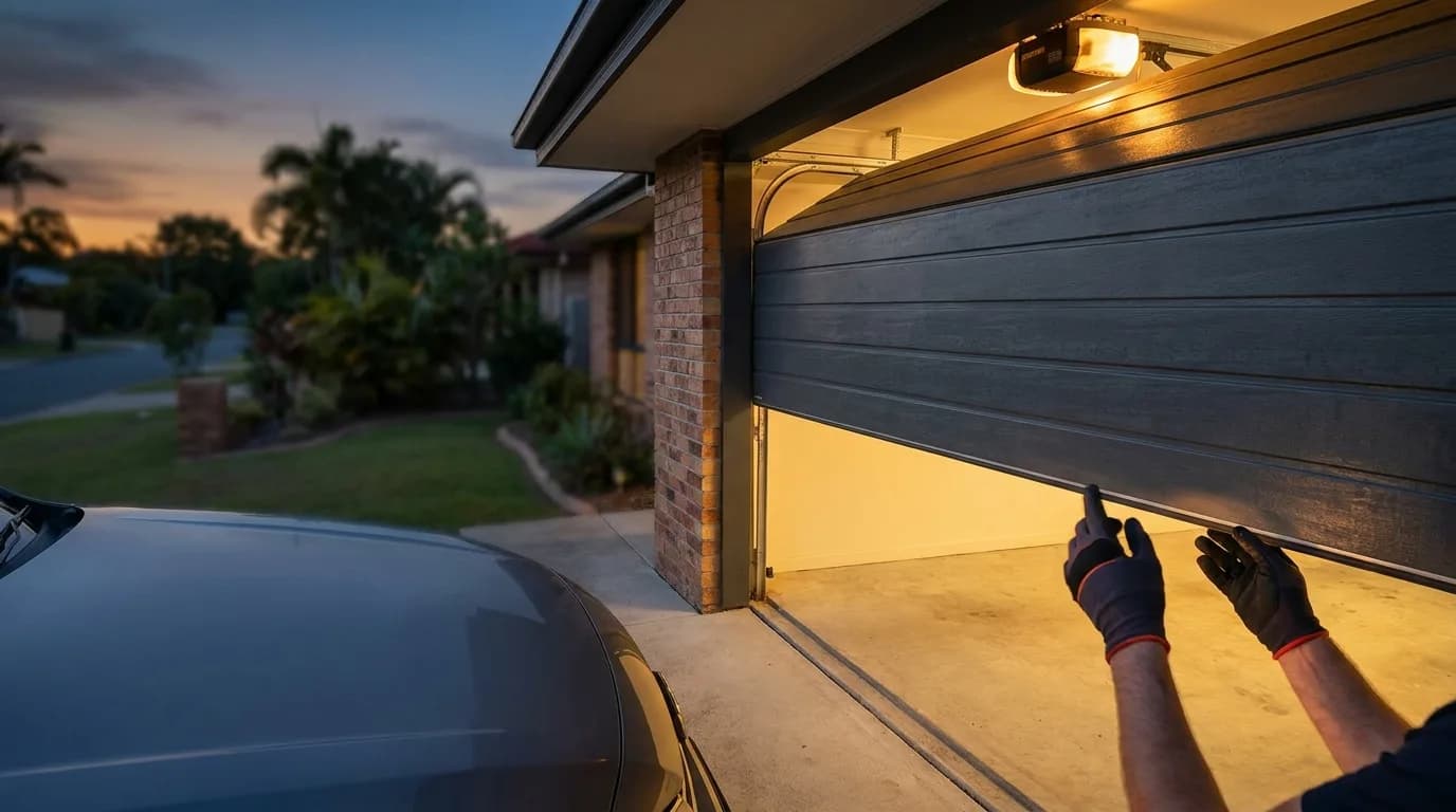 A garage door stopped half-closed at dusk with the motor's courtesy light on inside the garage