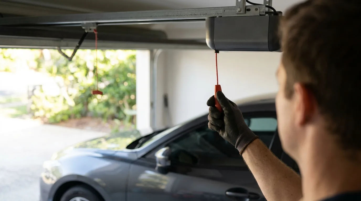 A gloved hand pulling the red manual release cord hanging from a garage door motor rail