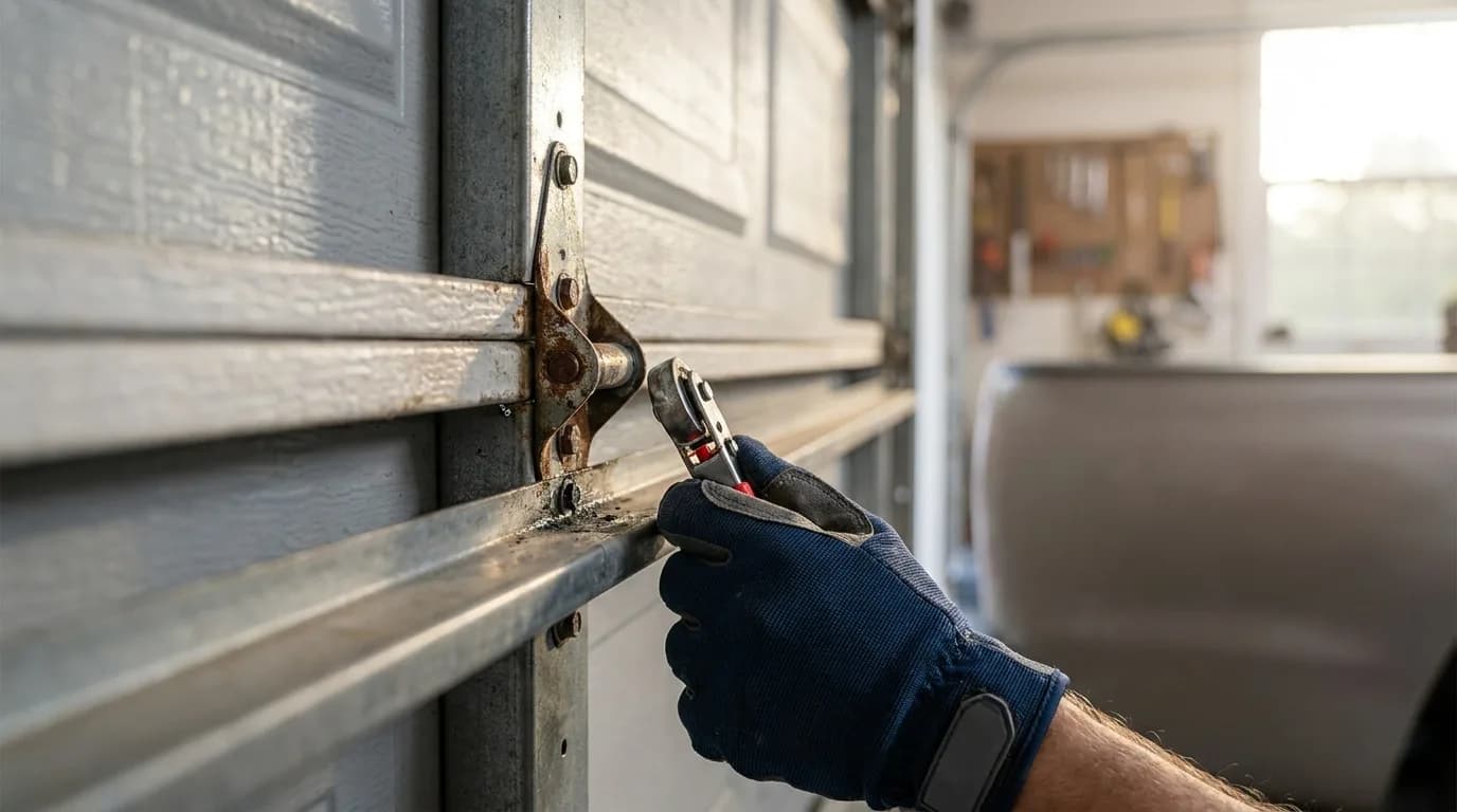 A gloved hand inspecting a garage door roller and hinge on the horizontal track inside a garage