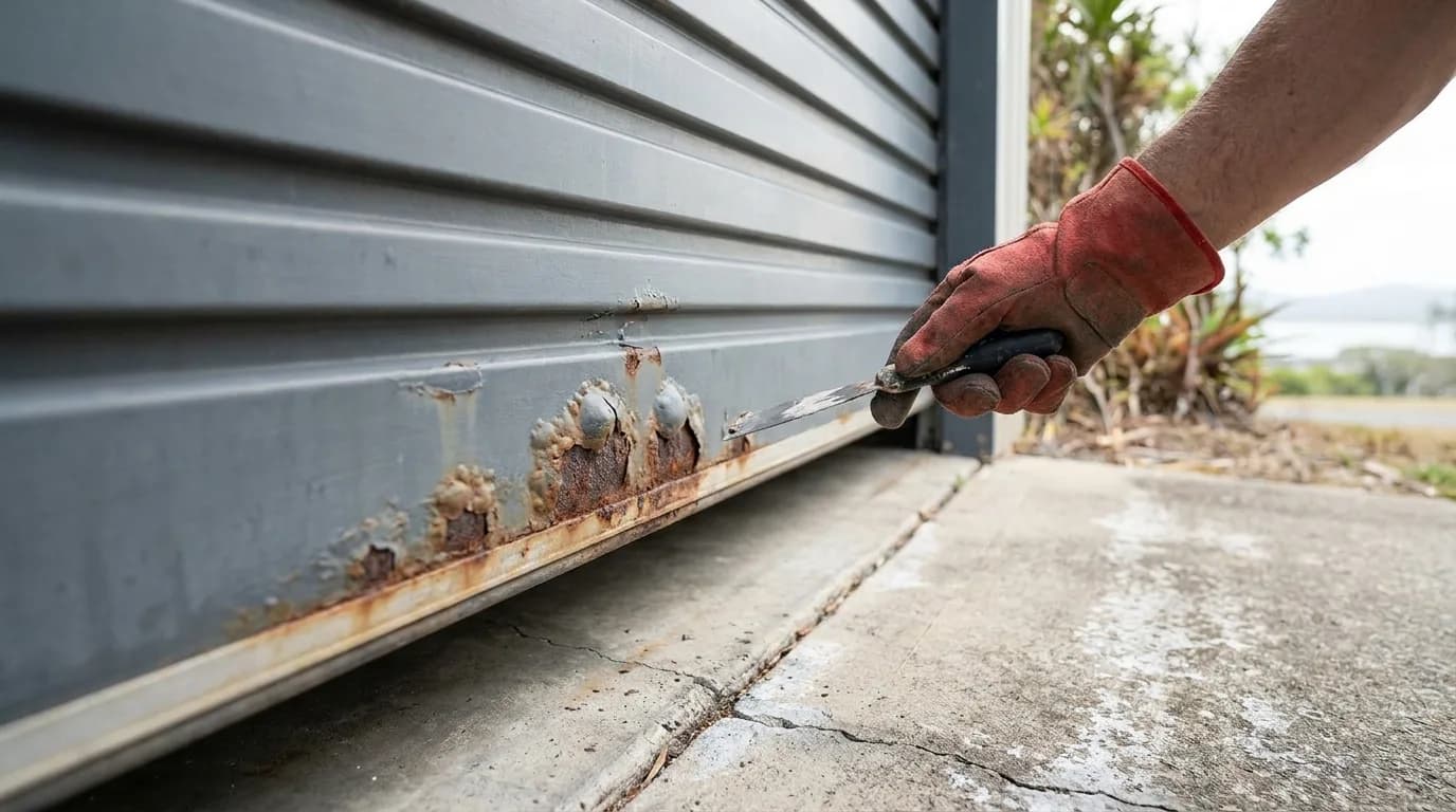 Rust bubbling through the paint along the bottom rail of a steel roller door near the coast