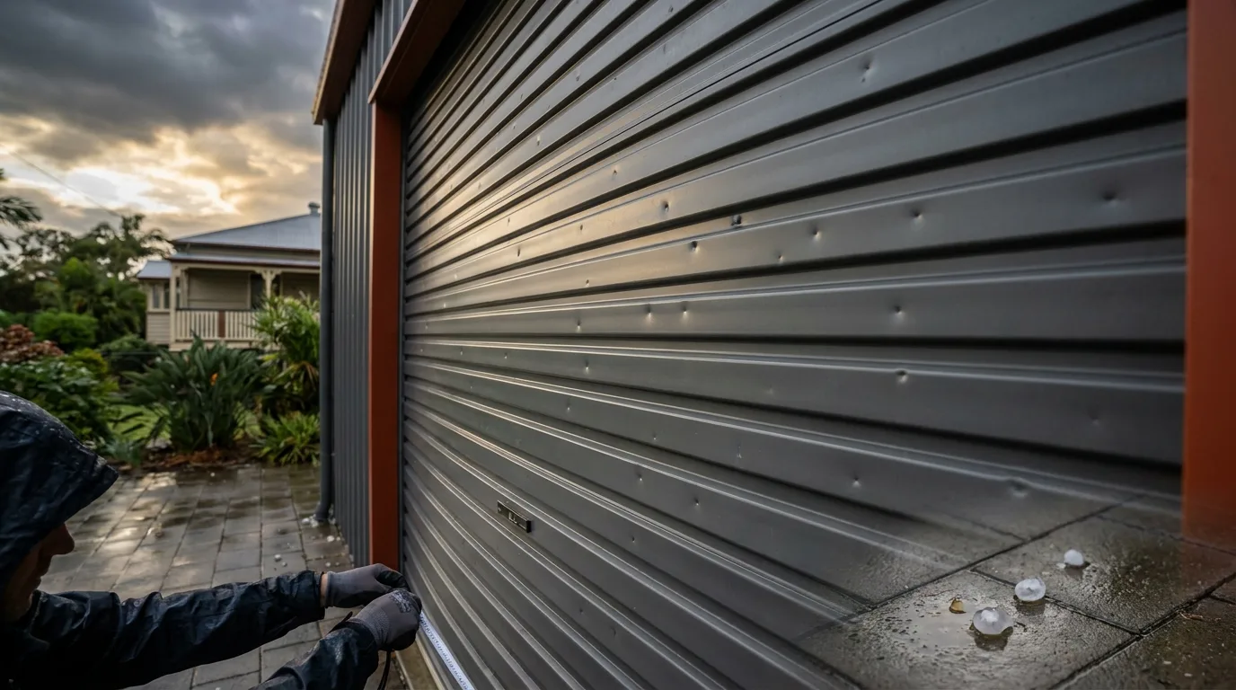 Hail dents across the slats of a steel roller door with storm cloud light behind