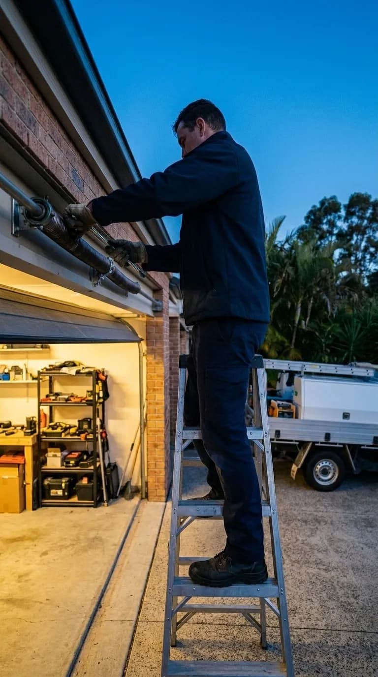 A garage door technician working on a sectional garage door's torsion spring at a Brisbane home at dusk